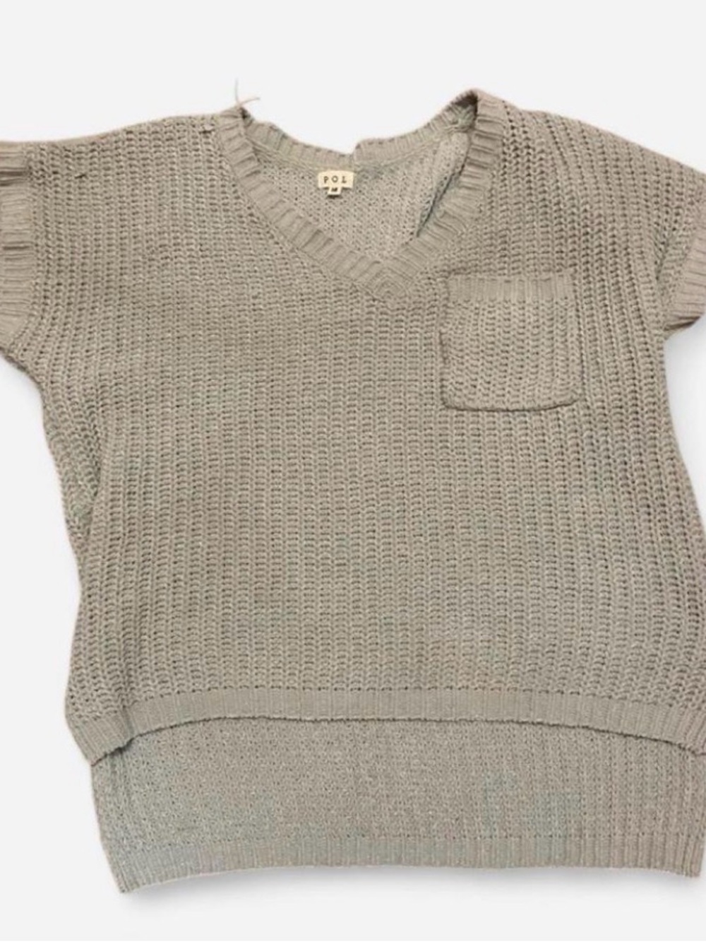 Pol Sage Green Short Sleeve Chunky Knit V-neck Pocket Sweater
